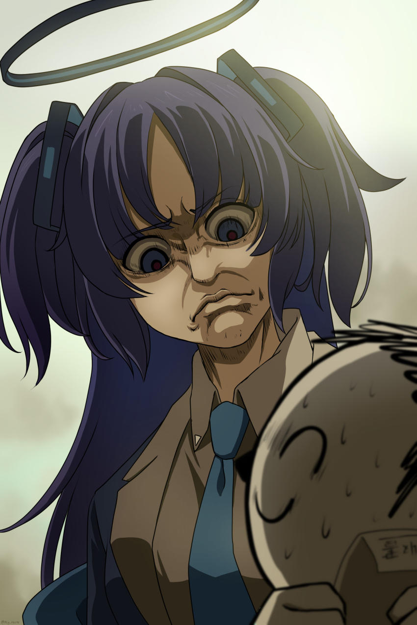 1boy 1girl absurdres black_jacket blazer blue_archive blue_necktie blurry coat collared_shirt commentary_request depth_of_field doodle_sensei_(blue_archive) frown gradient_background hair_ornament halo highres holding holding_paper isayama_hajime_(style) jacket long_hair long_sleeves looking_at_another necktie nervous_sweating nigurasute open_clothes open_coat paper parody parted_bangs purple_eyes purple_hair school_uniform sensei_(blue_archive) shaded_face shingeki_no_kyojin shirt sidelocks simple_background style_parody sweat translation_request triangle_hair_ornament two_side_up white_coat yelena_(shingeki_no_kyojin) yuuka_(blue_archive)