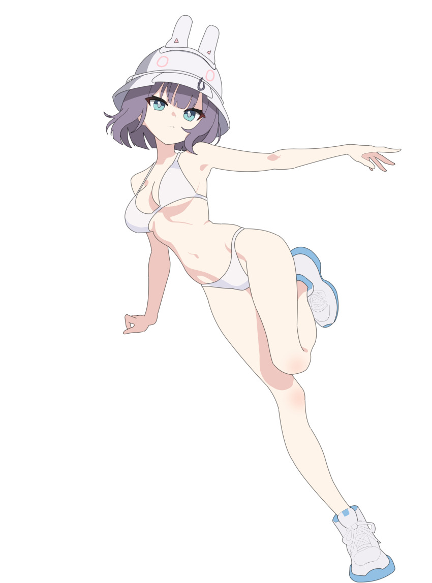 1girl absurdres armpits bikini blue_archive blue_eyes blush breasts bright_pupils combat_helmet full_body grey_hair helmet highres izumi_(izzmuui) large_breasts looking_at_viewer navel saki_(blue_archive) shoes simple_background sneakers solo swimsuit white_background white_bikini white_helmet white_pupils