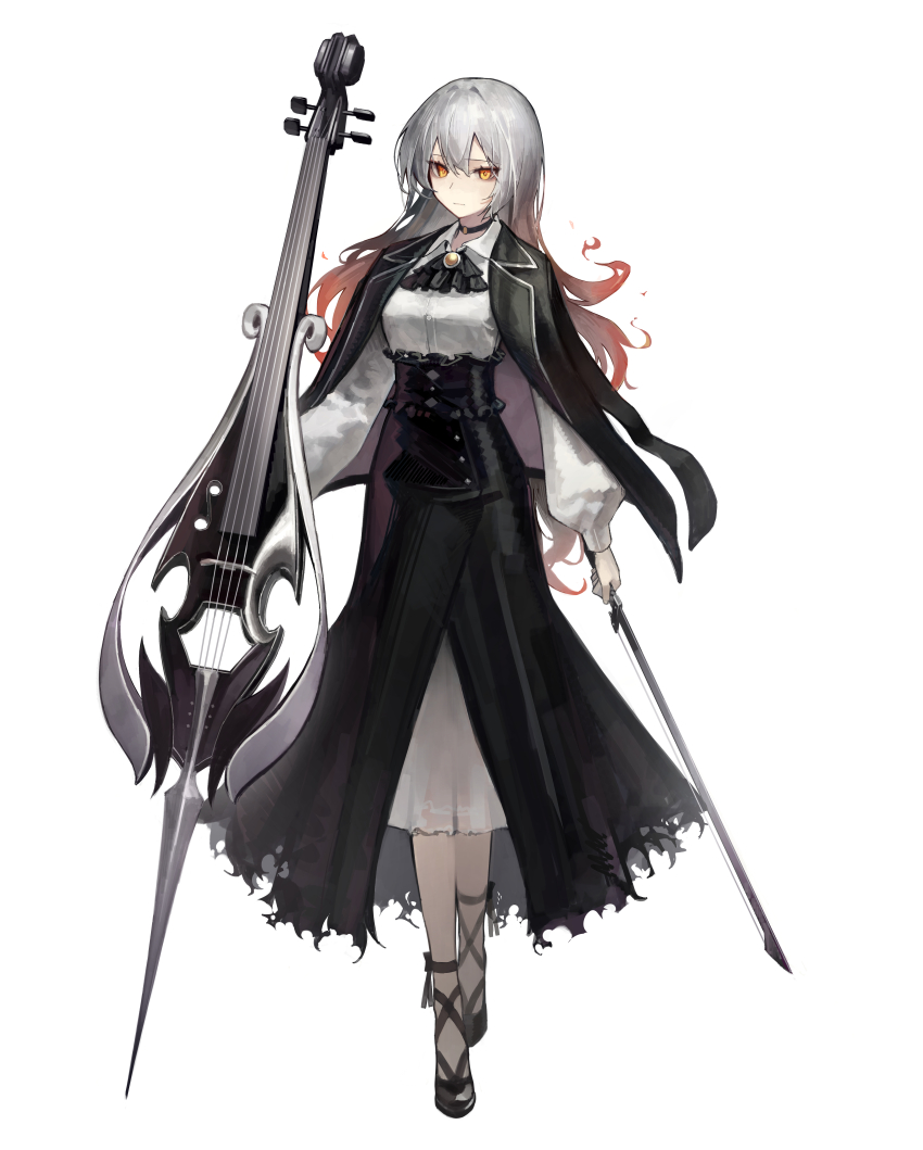 1girl absurdres black_jacket black_shoes black_skirt bow_(music) breasts collared_shirt commission dress_shirt full_body gradient_hair grey_hair hair_between_eyes highres holding holding_bow_(music) holding_instrument instrument instrument_request jacket jacket_on_shoulders long_sleeves looking_at_viewer medium_breasts multicolored_hair orange_eyes original puffy_long_sleeves puffy_sleeves red_hair shirt shoes simple_background skirt solo torn_clothes torn_skirt white_background white_shirt yoon_cook