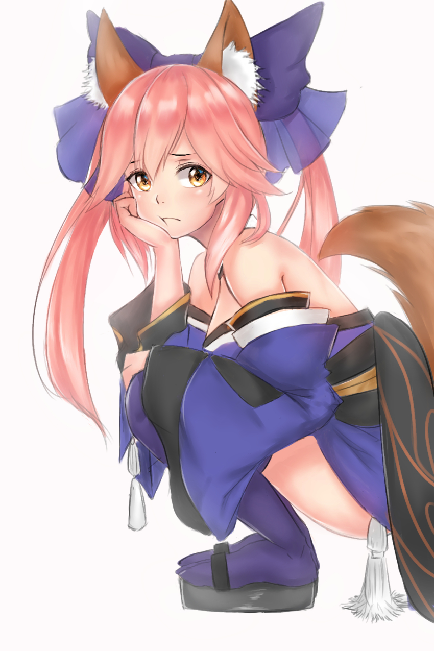 1girl animal_ears bad_id bad_pixiv_id bare_shoulders breasts commentary_request fate/grand_order fate_(series) female_focus fox_ears fox_tail frown hair_between_eyes highres jmao large_breasts long_hair looking_at_viewer pink_hair pixiv_fate/grand_order_contest_2 solo tail tamamo_(fate) tamamo_no_mae_(fate) yellow_eyes