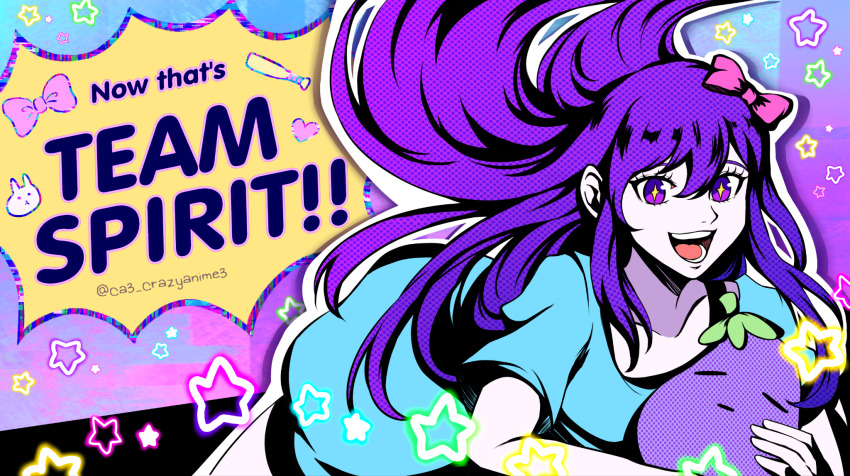 +_+ 1girl aubrey_(headspace)_(omori) aubrey_(omori) blue_shirt bow collarbone colored_skin crazyanime3 english_text hair_bow highres holding holding_stuffed_toy long_hair looking_at_viewer omori open_mouth persona pink_bow purple_eyes purple_hair shirt short_sleeves soejima_shigenori_(style) solo sparkling_eyes stuffed_eggplant stuffed_toy teeth tongue white_skin