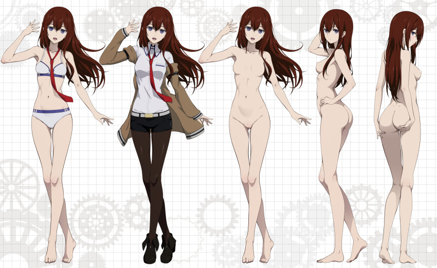 1girl :d ass barefoot belt bikini black_pantyhose black_shorts breasts brown_jacket commentary_request completely_nude feet from_behind full_body gears hand_on_own_hip highres jacket long_hair looking_at_viewer makise_kurisu medium_breasts multiple_views nanikairu necktie no_nipples no_pussy nude official_alternate_costume open_mouth paid_reward_available pantyhose pantyhose_under_shorts purple_eyes red_hair red_necktie shirt shorts simple_background smile standing steins;gate swimsuit toes white_bikini white_shirt