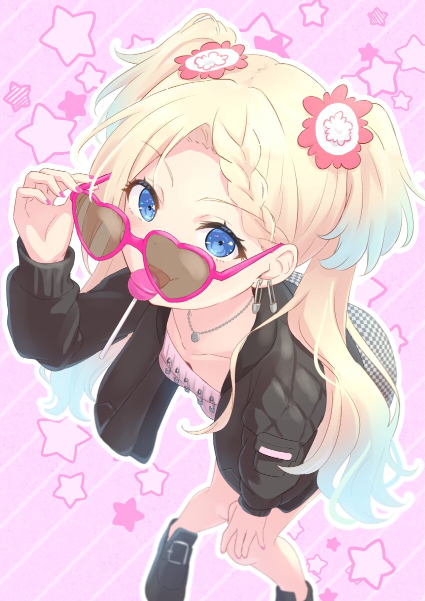 1girl :p absurdres adjusting_eyewear black_jacket black_shoes black_skirt blonde_hair blue_eyes blue_hair braid braided_bangs breasts candy checkered_clothes checkered_skirt collarbone commentary earclip flower food forehead from_above gradient_hair gyaru hair_flower hair_ornament hanazora_satsuki hand_on_own_knee hand_up heart heart-shaped_eyewear highres jacket jewelry leaning_forward light_blue_hair link!_like!_love_live! loafers lollipop long_hair long_sleeves looking_at_viewer love_live! multicolored_hair nail_polish necklace osawa_rurino osawa_rurino_(summer_casual) outline parted_bangs pink_background pink_flower pink_nails pink_shirt shirt shoes skirt small_breasts solo star_(symbol) star_symbol_background striped_background sunglasses tongue tongue_out twintails virtual_youtuber white_flower white_outline white_skirt