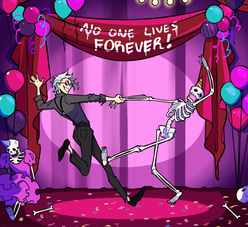 1boy absurdres alternate_costume alternate_hairstyle balloon banner black_pants blue_hair cartoon_bone collared_shirt commentary confetti curtains dancing english_commentary from_side gavis_bettel gigglepox grey_hair grey_shirt grin hat highres holding_another&#039;s_wrist holostars holostars_english jerry_(gavis_bettel) male_focus multicolored_hair pants party_hat round_eyewear shirt short_hair skeleton skull smile spotlight sunglasses virtual_youtuber