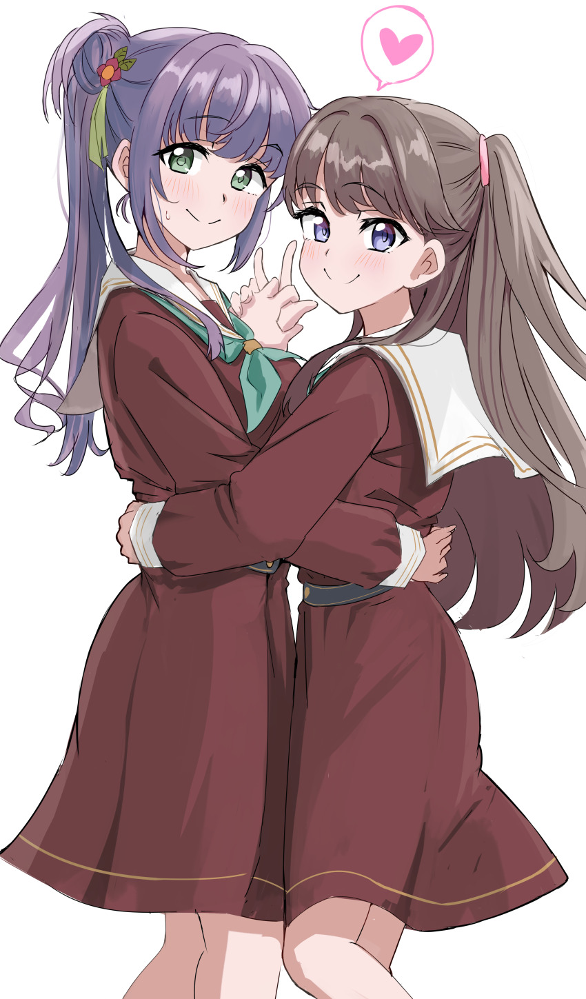 2girls absurdres aqua_neckerchief brown_dress brown_hair c: commentary_request dress ereka feet_out_of_frame flower fujishima_megumi green_eyes hair_bun hair_flower hair_ornament hand_on_another&#039;s_back hasu_no_sora_school_uniform heart highres holding_hands interlocked_fingers link!_like!_love_live! lone_nape_hair long_hair long_sleeves looking_at_viewer love_live! medium_dress multiple_girls neckerchief otomune_kozue pleated_dress purple_eyes purple_hair red_flower sailor_collar sailor_dress school_uniform side_ponytail sidelocks simple_background single_side_bun smile speech_bubble spoken_heart sweatdrop two_side_up virtual_youtuber white_background white_sailor_collar winter_uniform