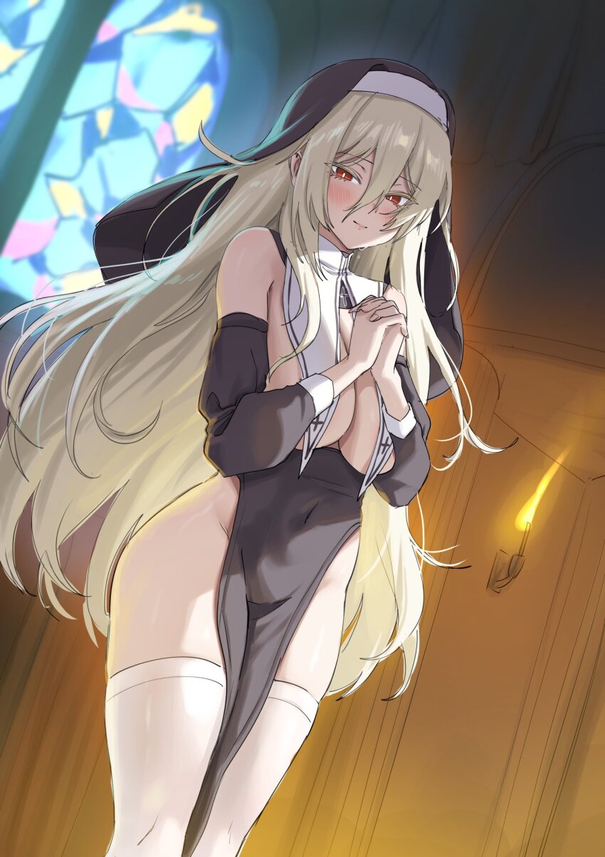 1girl bare_shoulders black_dress black_veil breast_curtains breasts bright_pupils cleavage closed_mouth colored_eyelashes commission covered_navel detached_sleeves dress habit hair_between_eyes highres large_breasts lethe_rin long_hair long_sleeves looking_at_viewer no_panties nun original own_hands_clasped own_hands_together pelvic_curtain red_eyes revealing_clothes sleeveless sleeveless_dress smile solo stained_glass standing sweatdrop thighhighs thighs veil very_long_hair white_eyelashes white_hair white_thighhighs yampa