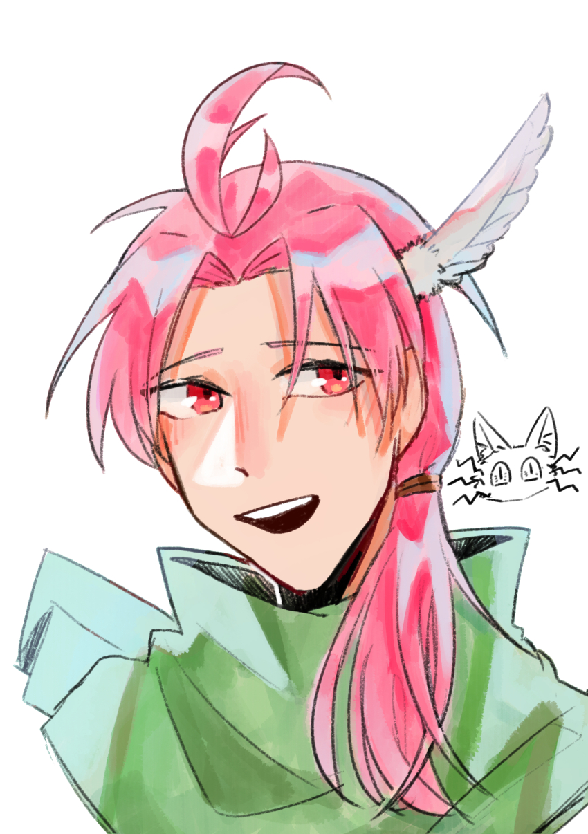 1boy absurdres antenna_hair dita_iliner feather_hair_ornament feathers godzylla_(saibou_shinkyoku) green_shirt hair_ornament high_collar highres low_ponytail male_focus open_mouth parted_bangs pink_hair ponytail portrait red_eyes saibou_shinkyoku shirt side_ponytail simple_background smile white_background xingmao
