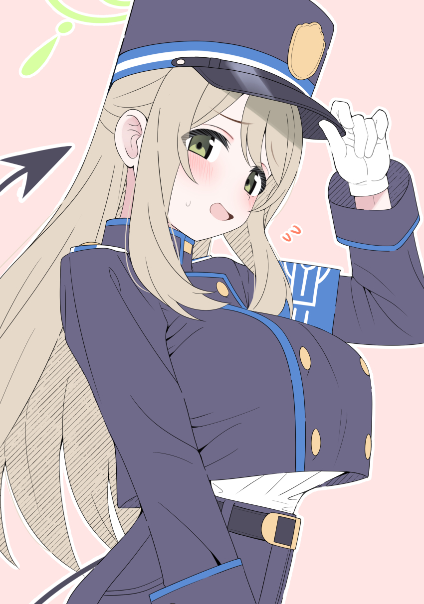 1girl absurdres belt black_belt blue_archive blush breasts brown_hair cosplay demon_tail gloves green_eyes green_halo halo hat highres large_breasts long_hair looking_at_viewer mistel_(sukebemistel) nonomi_(blue_archive) nozomi_(blue_archive) nozomi_(blue_archive)_(cosplay) open_mouth pink_background simple_background solo tail white_gloves