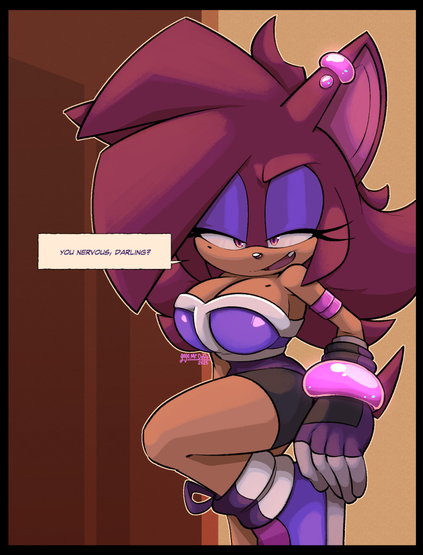 1girl animal_ears animal_nose armor bracelet breastplate breasts cleavage curvy ear_piercing eyelashes eyeshadow fang fangs fangs_out furry furry_female gauntlets gloves gogomrdodo hair_between_eyes highres indoors jewelry large_breasts large_ears leaning_back leaning_on_object leg_up looking_at_viewer makeup mole mole_on_breast mole_under_eye narrowed_eyes original piercing pine_marten pink_earrings purple_eyeshadow red_fur seductive_face seductive_gaze seductive_smile shoes short_hair sidelocks smile sneakers sonic_(series) speech_bubble tail text_focus thick_thighs thighs wide_hips yellow_eyes