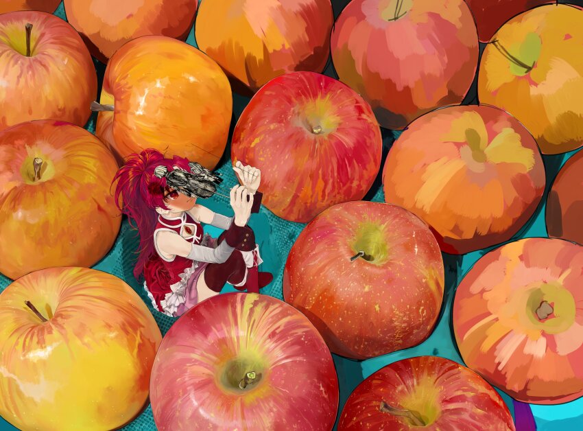 absurdres apple bare_shoulders boots commentary_request detached_sleeves dress food fruit high_ponytail highres knees_up long_hair looking_up mahou_shoujo_madoka_magica mihifu mini_person minigirl parted_bangs ponytail puppet red_boots red_dress red_eyes red_hair red_thighhighs sakura_kyoko sakura_kyoko_(magical_girl) sitting soul_gem symbolism thighhighs unfinished wrist_cuffs
