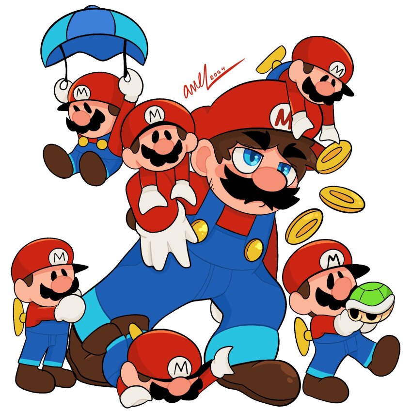 1boy annoyed brown_hair donkey_kong_(series) facial_hair frown full_body gloves hat highres koopa_shell mario mario_(series) mario_vs._donkey_kong mini_mario mustache nintendo overalls toy umbrella vivian_pawz