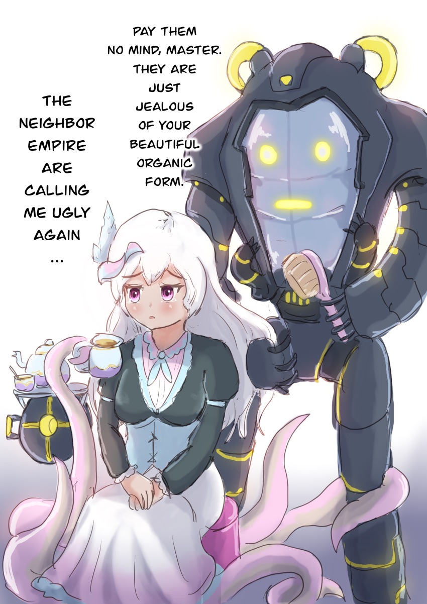 1girl absurdres alien black_shrug commentary cup dress english_commentary english_text hair_brush hair_ornament highres humanoid_robot long_hair machine mahapapaya pink_eyes robot shrug_(clothing) simple_background stellaris_(game) stool tea teacup teapot tearing_up tentacles white_background white_dress white_hair