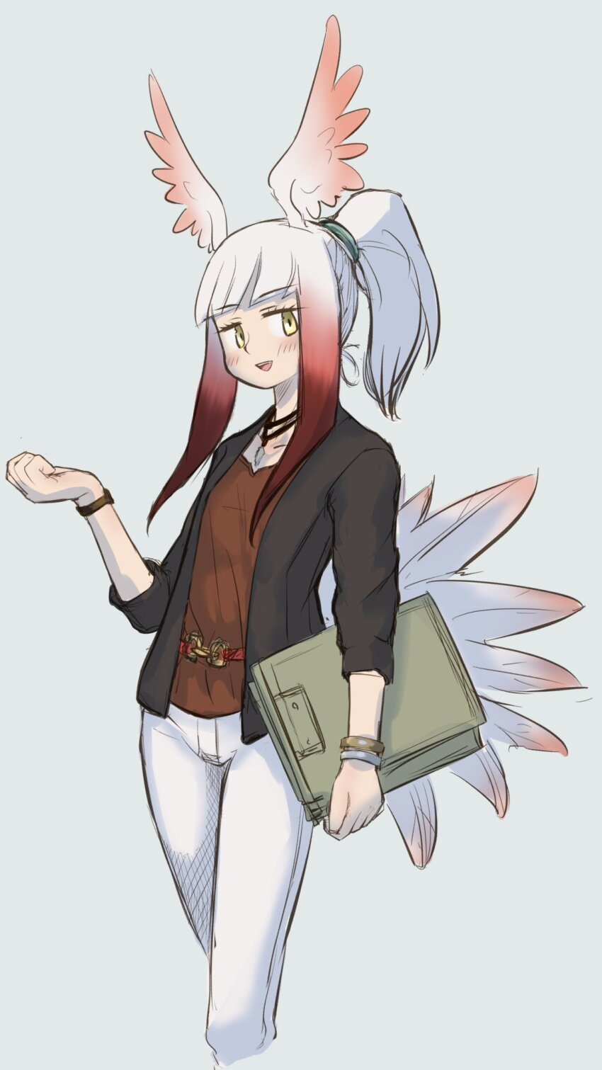1girl alternate_costume aotsuki_tsutome bird_girl bird_tail bird_wings black_jacket blunt_bangs blush bracelet brown_shirt casual gradient_hair head_wings highres jacket japanese_crested_ibis_(kemono_friends) jewelry kemono_friends long_sleeves multicolored_hair necklace open_clothes open_jacket pants ponytail red_hair shirt short_hair_with_long_locks sidelocks solo tail watch white_hair white_pants wings wristwatch yellow_eyes