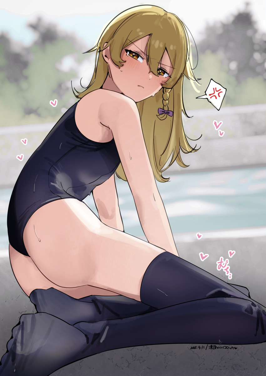 1boy absurdres anger_vein ass black_one-piece_swimsuit black_thighhighs blonde_hair blurry blurry_background blush braid closed_mouth commentary_request cookie_(touhou) crossdressing frown full_body genderswap genderswap_(ftm) highres kirisame_marisa long_hair looking_at_viewer male_focus noukou_tonkotsu_korokke one-piece_swimsuit pool poolside rei_(cookie) side_braid single_braid solo spoken_anger_vein swimsuit thighhighs touhou trap yellow_eyes