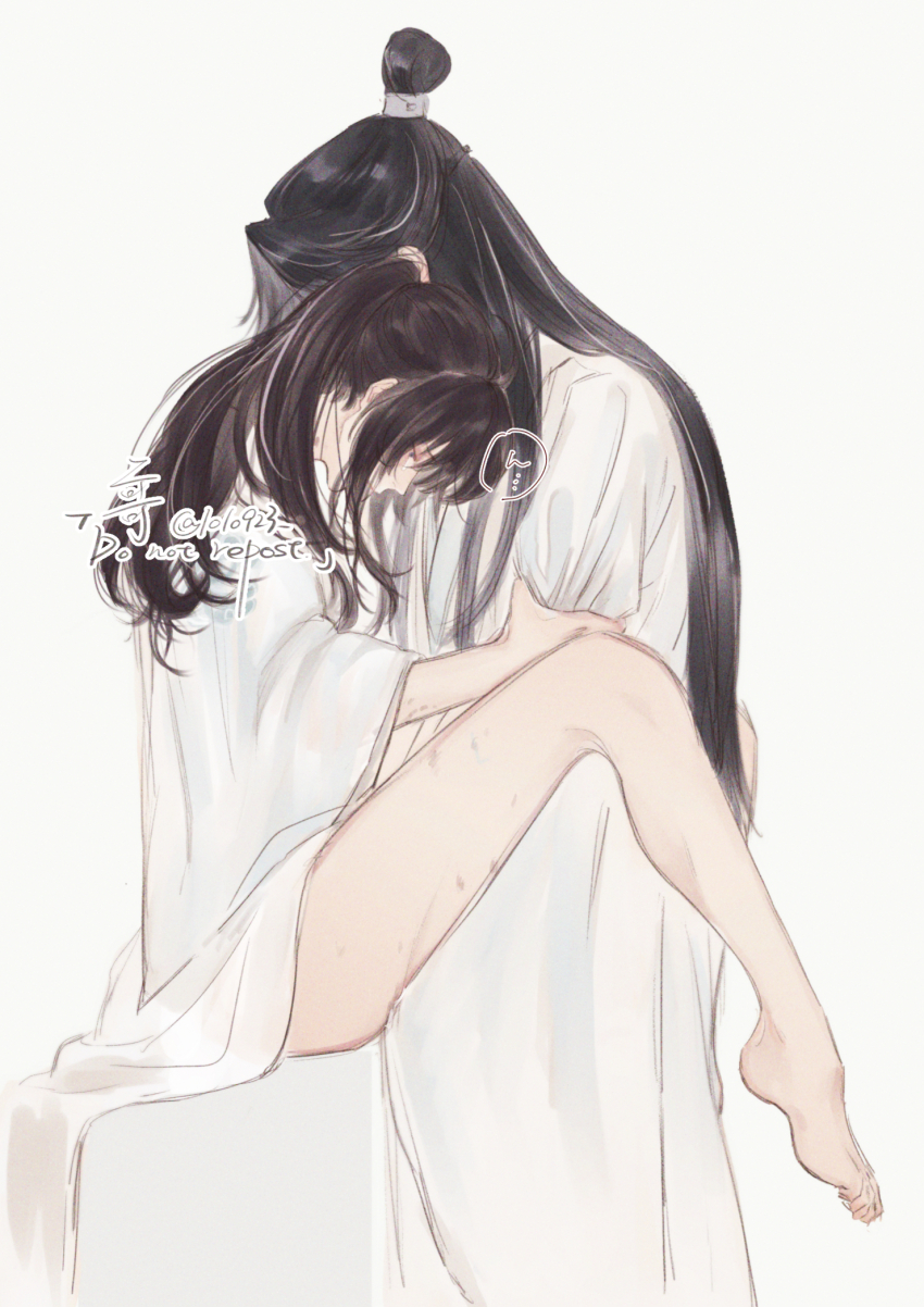 1010923 2boys alternate_costume bare_legs barefoot bathrobe black_hair blush brown_hair chinese_clothes closed_mouth clothed_sex clothes_grab crying crying_with_eyes_open feet from_side grey_eyes hanfu hickey high_ponytail highres hug implied_sex lan_wangji long_hair long_sleeves looking_down male_focus missionary modao_zushi multiple_boys on_bed partially_undressed ponytail profile robe sex sidelocks simple_background sitting speech_bubble spread_legs standing sweat tears topknot twitter_username watermark wei_wuxian white_background white_robe wide_sleeves xiao_guan_(headdress) yaoi