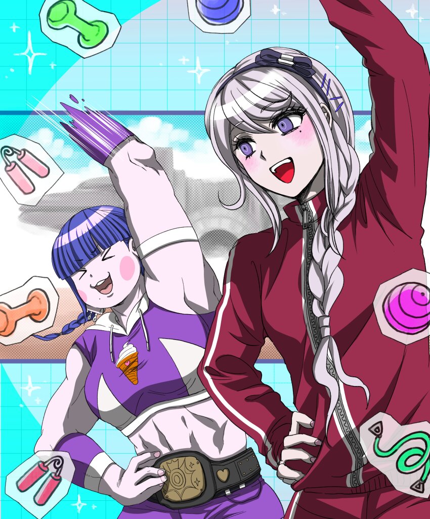 2girls absurdres blush braid cowboy_shot grey_hair highres jacket kirifuji_nozomi long_hair mojiro_moko mole mole_under_eye motion_lines multiple_girls muscular muscular_female official_art open_mouth purple_eyes red_jacket smear_frame stretching the_hundred_line_-last_defense_academy- track_suit