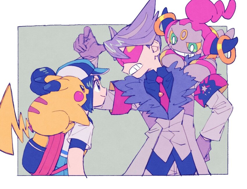 1boy 1girl backpack bag baseball_cap bettie_(pokemon) blush_stickers gen_1_pokemon gen_6_pokemon gloves grey_gloves grey_hair hand_on_own_hip hat hoopa hoopa_(confined) horns lear_(pokemon) legendary_pokemon looking_at_another mythical_pokemon nintendo on_shoulder pikachu pokemon pokemon_(creature) pokemon_masters_ex pokemon_on_shoulder red-tinted_eyewear rokkoron tinted_eyewear
