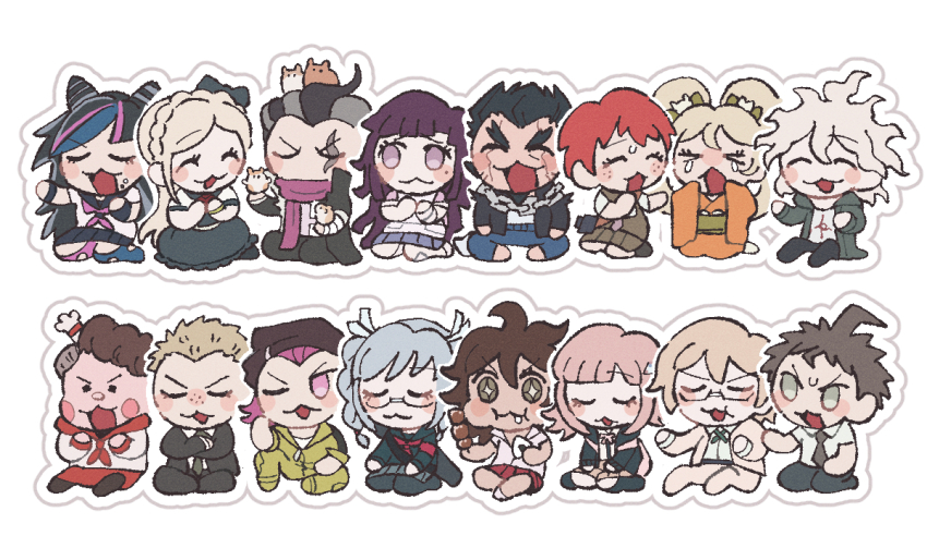 30en_(esx5g) 6+boys 6+girls :d ;o black_bow blonde_hair blush bow breasts brown_hair chef_hat collared_shirt danganronpa_(series) danganronpa_2:_goodbye_despair dark-skinned_female dark-skinned_male dark_skin food freckles grey_hair hair_bow hair_ornament hanamura_teruteru hat hinata_hajime holding hood jacket koizumi_mahiru komaeda_nagito kuzuryu_fuyuhiko long_hair long_sleeves looking_at_viewer medium_hair mioda_ibuki multiple_boys multiple_girls nanami_chiaki nidai_nekomaru one_eye_closed open_clothes open_mouth owari_akane pekoyama_peko pink_eyes red_hair ribbon saionji_hiyoko shirt short_hair simple_background skirt sleeping sleeping_upright smile soda_kazuichi sonia_nevermind tanaka_gundham togami_byakuya_(danganronpa_2) tsumiki_mikan white_shirt