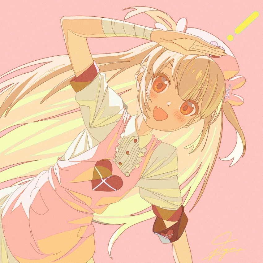 ! 1girl :d absurdres apron armband bandaged_wrist bandages blonde_hair center_frills commentary cowboy_shot dutch_angle fang frills hair_ornament hand_up hat highres jdge long_hair looking_at_viewer natori_sana natori_sana_(nurse) nurse_cap open_mouth pink_apron pink_background pink_hat puffy_short_sleeves puffy_sleeves rabbit_hair_ornament red_eyes sana_channel short_sleeves smile solo symbol-only_commentary two_side_up virtual_youtuber