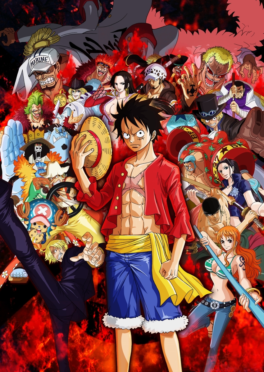 3girls 6+boys aura bartolomeo_(one_piece) black_hair blonde_hair blue_eyes boa_hancock braid breasts brook_(one_piece) cavendish_(one_piece) cleavage closed_eyes donquixote_doflamingo earrings eustass_kid eyelashes franky_(one_piece) fujitora_(one_piece) full_body green_hair happy hat highres holding holding_sword holding_weapon hood hoodie jacket jewelry jinbe_(one_piece) jumping large_breasts logo long_hair marshall_d._teach military_uniform miniskirt monkey_d._luffy multiple_boys multiple_girls muscular musical_note nami_(one_piece) nami_(one_piece)_(return_to_sabaody) nico_robin nico_robin_(return_to_sabaody) official_alternate_costume official_art one_piece open_mouth roronoa_zoro sabo_(one_piece) sakazuki_(one_piece) sanji_(one_piece) scar scar_on_face serious short_hair shorts skeleton skirt smile source_request straw_hat sunglasses sword title toei_company tony_tony_chopper trafalgar_law usopp weapon