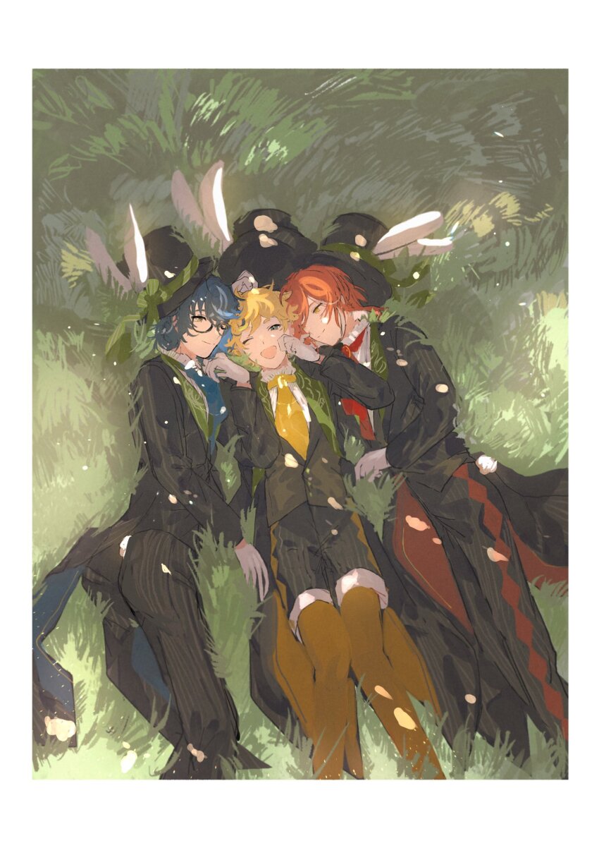 22kolink 3boys animal_ears aoba_tsugumi black_pants blonde_hair blue_hair bow closed_eyes coat ensemble_stars! fake_animal_ears full_body glasses gloves grass harukawa_sora hat highres long_sleeves lying male_focus multiple_boys on_back on_grass on_side one_eye_closed pants rabbit rabbit_ears sakasaki_natsume short_hair switch_(ensemble_stars!) tailcoat thighhighs top_hat vest