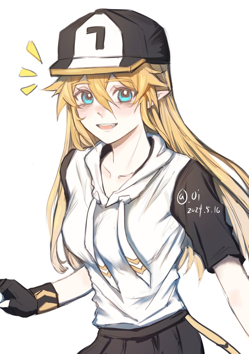 1girl :d absurdres aotu_world artist_name baseball_cap black_gloves black_hat black_skirt blonde_hair blue_eyes blush breasts collarbone dated fang fingerless_gloves genderswap genderswap_(mtf) gloves hair_between_eyes hat highres hood hoodie king_(aotu_world) long_hair looking_at_viewer medium_breasts notice_lines open_mouth pleated_skirt plutoray pointy_ears short_sleeves simple_background skirt smile solo teeth watermark white_background white_hoodie