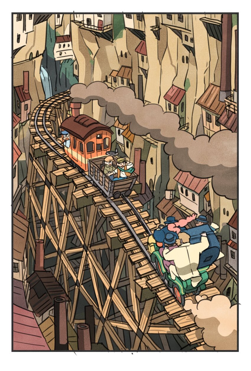 2girls back beard blonde_hair blue_hat border braided_twintails charles_(laputa) commentary_request dola_(laputa) facial_hair formal_clothes green_jacket hat highres jacket ki_(laputa) multiple_boys multiple_girls pazu pink_hair purple_suit railroad_tracks sheeta smoke suit takeuchi_ryousuke tenkuu_no_shiro_laputa train train_operator_(laputa) white_border white_suit