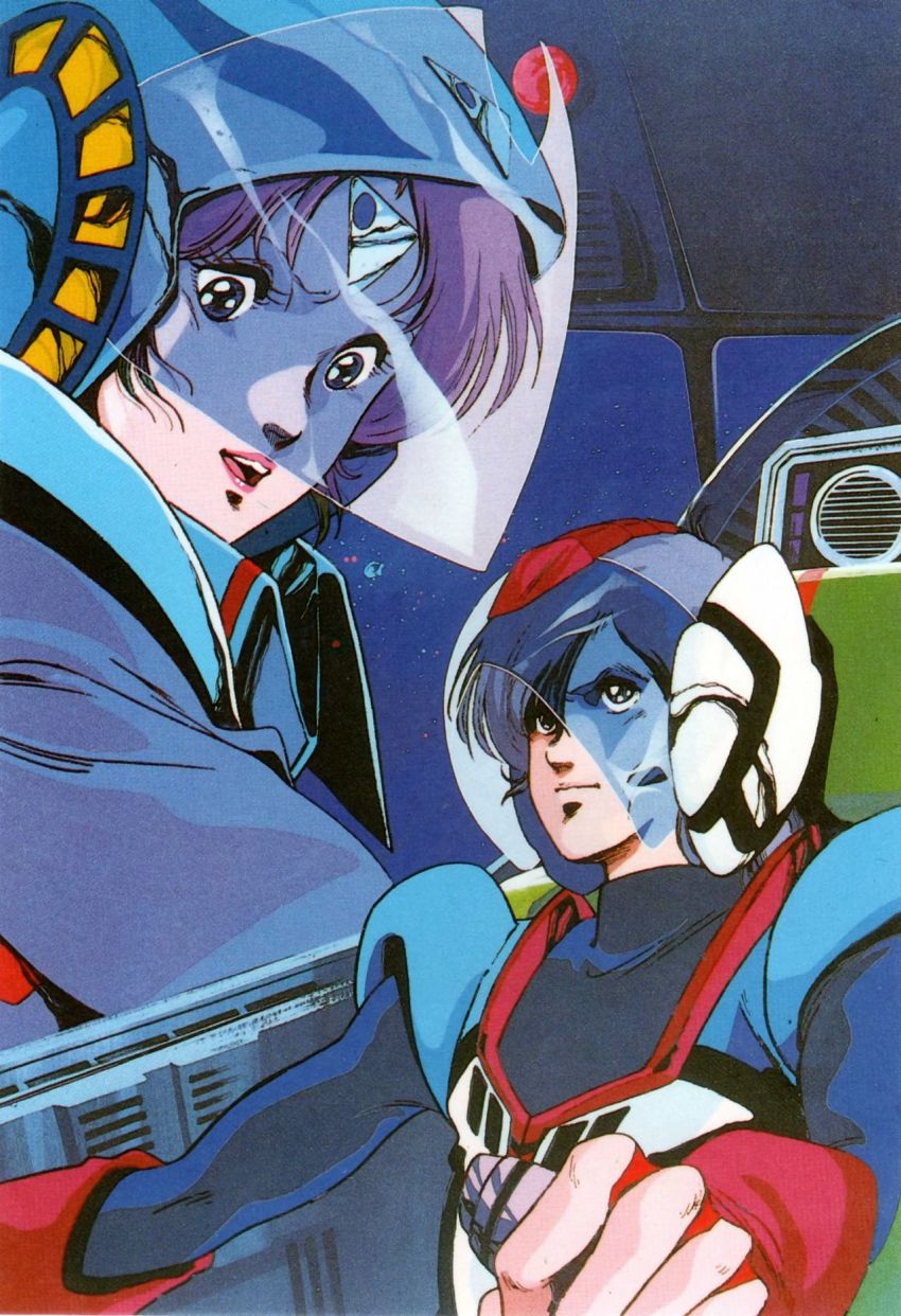 1980s_(style) 1boy 1girl aerial_battle athena_henderson battle chiram choujikuu_seiki_orguss cockpit control_stick dogfight duel emaan fake_screenshot father_and_daughter fingerless_gloves gloves helmet highres insignia katsuragi_kei looking_at_another mecha military military_uniform nikick official_style oldschool orguss orguss_(mecha) pilot_chair pilot_suit retro_artstyle robot scan science_fiction serious spoilers sticker traditional_media visor