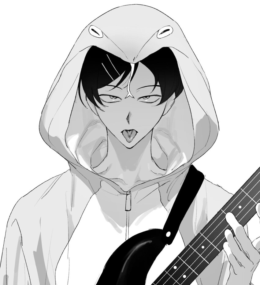 1girl aa_kabeuchi animal_costume bass_guitar bass_guitar forked_tongue futsuu_no_keion-bu greyscale guitar_strap hair_ornament hairpin highres holding holding_bass_guitar holding_instrument hood hood_up instrument kouyama_rin looking_at_viewer monochrome pixie_cut sanpaku scene_reference short_hair snake_costume snake_hood solo tongue tongue_out