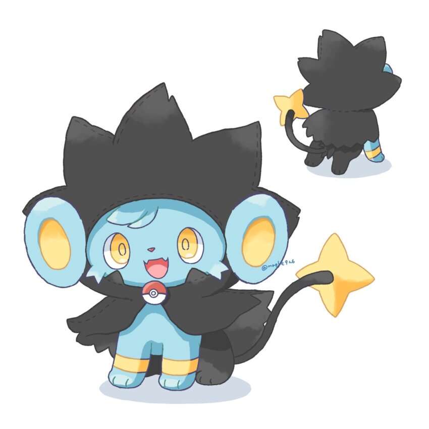 fangs gen_4_pokemon highres hood hoodie kana_(maple926) luxray nintendo no_humans open_mouth poke_ball poke_ball_(basic) pokemon pokemon_(creature) shadow shinx simple_background sitting smile solo twitter_username white_background yellow_eyes