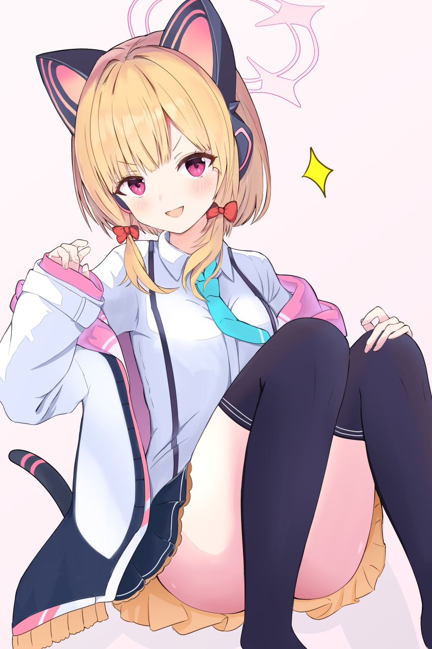 1girl :d absurdres animal_ear_headphones animal_ears aqua_necktie ass black_jacket black_tail black_thighhighs blonde_hair blue_archive blush bow breasts cat_ear_headphones cat_ears cat_tail collared_shirt commentary convenient_leg fake_animal_ears fake_tail feet_out_of_frame frilled_jacket frilled_skirt frills hair_bow halo hand_on_own_knee hand_up headphones highres hood hooded_jacket jacket knees_up loli long_sleeves looking_at_viewer low-tied_sidelocks miniskirt momoi_(blue_archive) multicolored_jacket necktie no_shoes off_shoulder open_clothes open_jacket open_mouth parted_bangs pink_eyes pink_halo pink_jacket red_bow ruushe0416 school_uniform shadow shirt short_hair sidelocks simple_background sitting skirt sleeves_past_wrists small_breasts smile solo sparkle suspender_skirt suspenders tail thighhighs two-sided_fabric two-sided_jacket v-shaped_eyebrows white_background white_jacket white_shirt