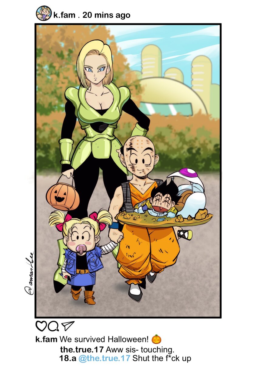 1boy 2girls amartbee android_16 android_16_(cosplay) android_18 android_18_(cosplay) attack_ball bag bald black_eyes black_footwear black_hair black_pants black_shirt blonde_hair blue_eyes blush blush_stickers body_armor boots breasts brown_footwear bruise bruise_on_face capsule_corp cloud collarbone commentary cosplay denim denim_jacket denim_skirt doll dragon_ball dragonball_z english_commentary father_and_daughter full_body green_footwear halloween halloween_costume highres holding holding_bag holding_hands holding_sword holding_weapon injury instagram jack-o&#039;-lantern jacket katana kuririn large_breasts long_sleeves looking_at_viewer marron_(dragon_ball) medium_hair mother_and_daughter multiple_girls open_mouth orange_pants orange_shirt outdoors pacifier pants pantyhose saiyan_armor shirt short_hair signature skirt sky sleeveless sleeveless_shirt smile space_pod spiked_hair standing sword tree vegeta weapon x_x