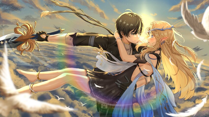 1boy 1girl absurdres ayloss bare_shoulders barefoot black_dress black_gloves black_jacket blonde_hair blue_eyes braid carrying cartethyia_(wuthering_waves) commentary dress earrings english_commentary feet gloves grey_shirt halo highres holding holding_sword holding_weapon jacket jewelry light_blush long_hair looking_at_another male_rover_(wuthering_waves) midair open_mouth pointy_ears princess_carry rover_(wuthering_waves) shirt sleeves_rolled_up sword tacet_mark_(wuthering_waves) toes weapon wuthering_waves