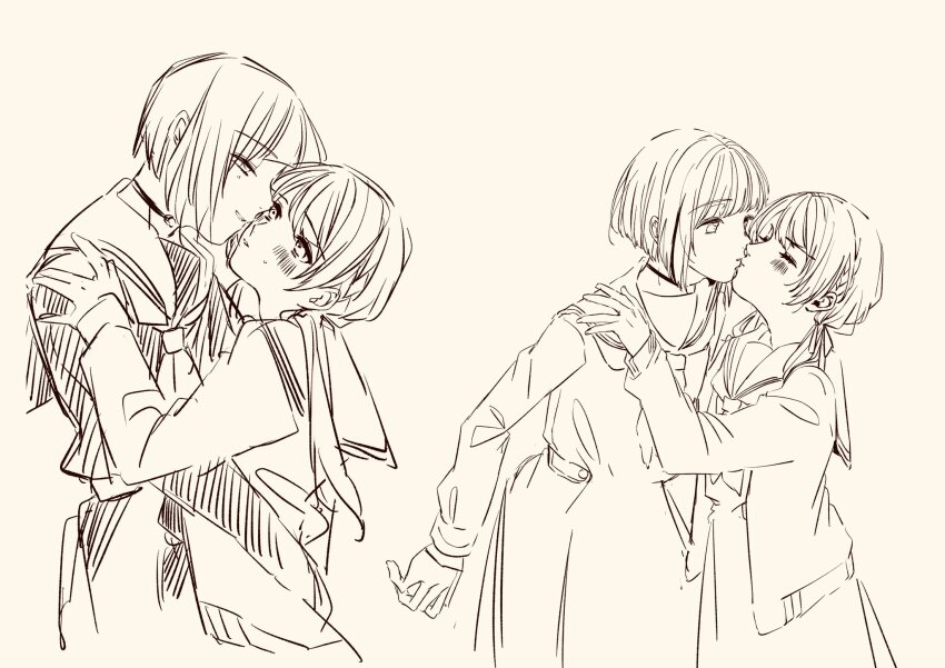 2girls bob_cut brown_background cardigan choker closed_eyes commentary_request diagonal_bangs dollchestra dress eye_contact gloves grin hair_ribbon half_gloves hasu_no_sora_school_uniform height_difference highres inverted_bob kiss link!_like!_love_live! long_hair long_sleeves looking_at_another love_live! low_twintails monochrome multicolored_hair multiple_girls multiple_views murano_sayaka neckerchief o-ring o-ring_choker open_cardigan open_clothes parted_lips ribbon sailor_collar sailor_dress school_uniform sepia shin_(shnnnnrn1) short_hair simple_background sketch smile streaked_hair twintails virtual_youtuber winter_uniform yugiri_tsuzuri yuri