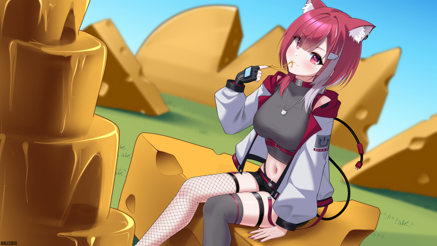 1girl absurdres alceid animal_ears asymmetrical_legwear belly blurry blurry_background blush breasts cat_ears cat_girl cheese choker collar commission eating eyebrows eyelashes fingernails fishnet_thighhighs fishnets food gloves grass highres jacket jewelry lyko_lianna navel outdoors pants pendant pink_eyes pink_hair power_symbol shirt short_hair short_pants sitting solo thighhighs thighs v4mirai virtual_youtuber