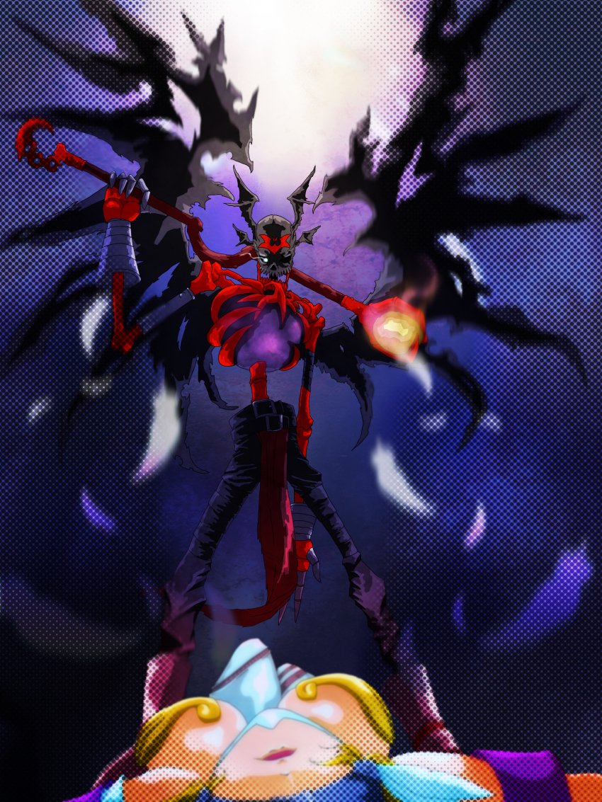 1boy 1girl absurdres angel angewomon armor artist_request bat_wings blonde_hair blue_eyes breastplate breasts defeat demon demon_wings digimon digimon_(creature) glowing glowing_eyes head_wings highres holding holding_weapon large_breasts lips looking_at_another looking_at_viewer lying mark_of_evil scar shiny_skin skeleton skull skullsatamon solo staff standing uncensored weapon wings