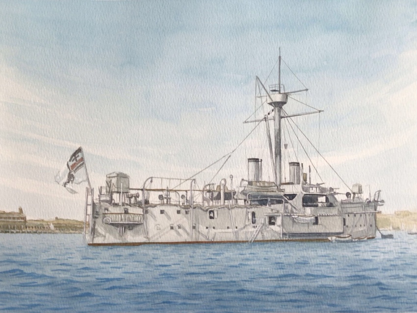 atelier_bono dock highres imperial_german_navy ironclad mast military_vehicle ocean original painting_(medium) ship smokestack sms_oldenburg_(1884) traditional_media warship watercolor_(medium) watercraft