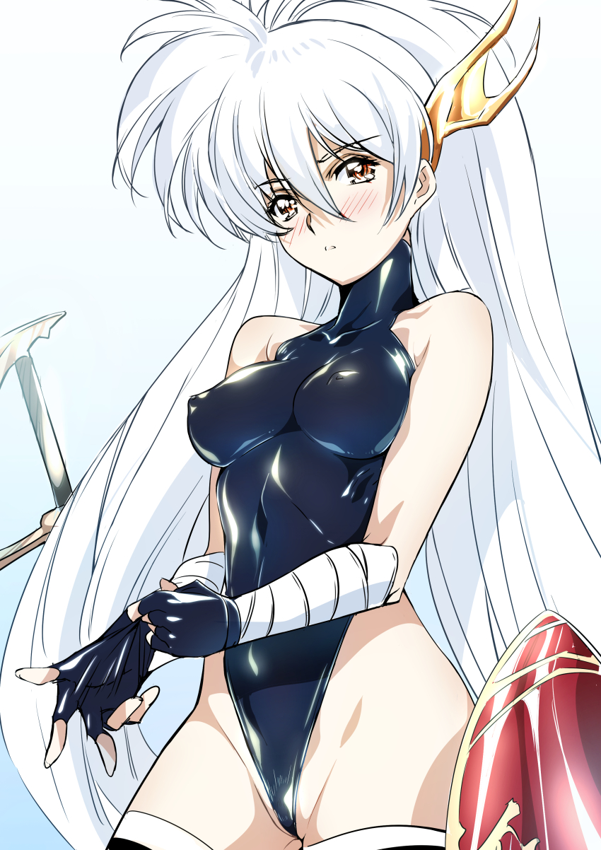 1girl absurdres black_leotard blush breasts brown_eyes covered_erect_nipples fingerless_gloves gloves grey_hair heattech_leotard highleg highleg_leotard highres langrisser langrisser_iii leotard long_hair looking_at_viewer luna_(langrisser) niko_(tama) partially_visible_vulva short_hair solo sword thighhighs turtleneck very_long_hair weapon