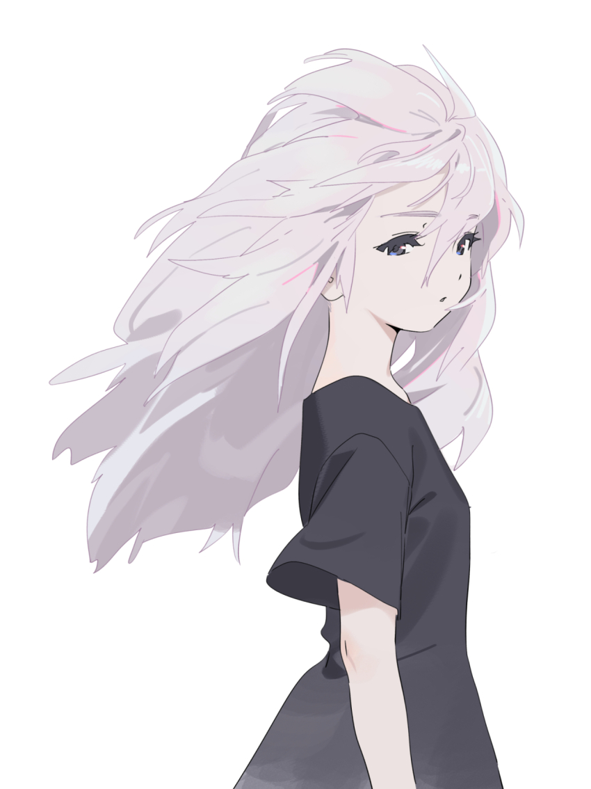 1girl black_footwear blue_eyes dot_nose floating_hair from_side grey_hair hair_between_eyes half-closed_eyes highres kamo_kamen kozakura_(urasekai_picnic) long_hair messy_hair oversized_clothes oversized_shirt parted_lips shirt short_sleeves sideways_glance solo urasekai_picnic white_background