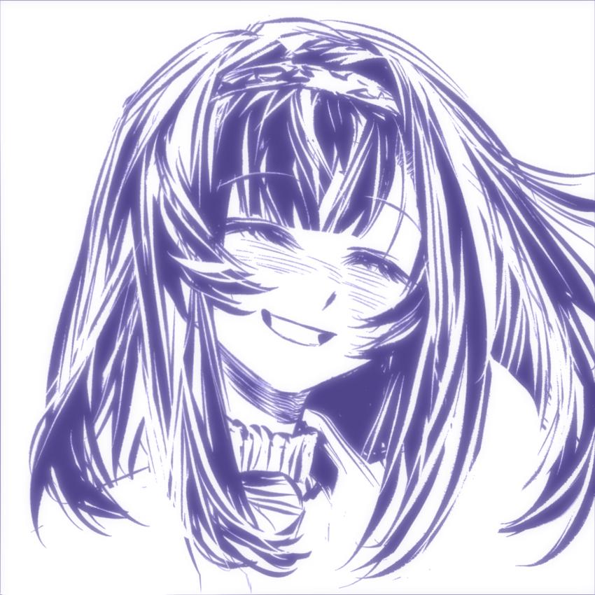 1girl :d ^_^ absurdres arknights blush closed_eyes commentary cropped_shoulders facing_viewer greyscale grin hairband happy highres medium_hair monochrome nose_blush open_mouth priestess_(arknights) purple_theme simple_background smile solo white_background xianchengyue420