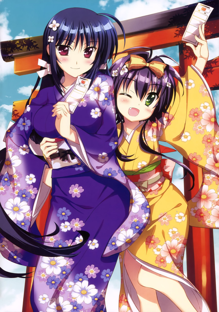 10s 2girls absurdres ahoge blush breasts fang floral_print flower fujima_takuya green_eyes hair_flower hair_ornament hair_ribbon highres hug japanese_clothes kimono large_breasts long_hair lyrical_nanoha mahou_shoujo_lyrical_nanoha_vivid mikaya_chevelle multiple_girls official_art one_eye_closed open_mouth paper purple_eyes purple_hair ribbon rio_wezley short_hair smile torii very_long_hair wink yukata