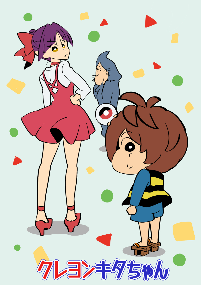 1girl 3boys absurdres blue_shirt blue_shorts bow brown_eyes choker dress gegege_no_kitarou geta grey_hoodie hair_bow hand_on_own_hip high_heels highres hood hoodie jacket kitarou looking_at_viewer medama_oyaji multiple_boys nekomusume nekomusume_(gegege_no_kitarou_6) nezumi_otoko pointy_ears purple_hair red_bow red_choker red_dress shirt shorts silanduqiaocui striped_clothes striped_jacket white_footwear white_shirt