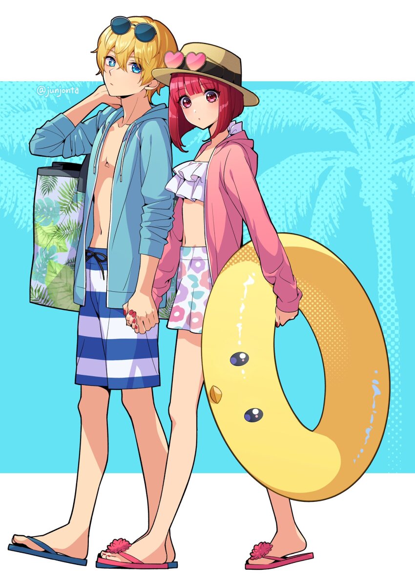 1boy 1girl arima_kana bag bikini blonde_hair blue_eyes blue_hoodie blush eyewear_on_head hat heart heart-shaped_eyewear highres holding holding_swim_ring hood hooded_jacket hoodie hoshino_aquamarine innertube jacket junjonta long_sleeves male_swimwear medium_hair navel open_clothes open_shirt oshi_no_ko pink_hood red_eyes red_hair sandals short_hair star-shaped_pupils star_(symbol) stomach striped_male_swimwear sunglasses swim_ring swim_trunks swimsuit symbol-shaped_pupils