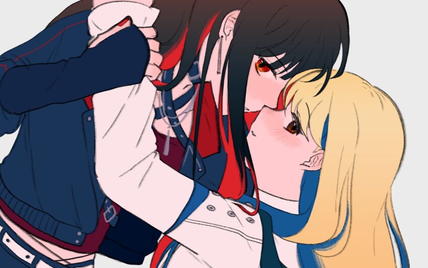 2girls 910cotton_som azusawa_kohane black_hair blonde_hair blue_hair blue_jacket blush colored_inner_hair commentary_request dutch_angle grey_background holding_another&#039;s_wrist jacket jewelry korean_commentary long_hair long_sleeves multicolored_hair multiple_girls necklace official_alternate_costume official_alternate_hair_length official_alternate_hairstyle parted_lips project_sekai red_eyes red_hair red_shirt shiraishi_an shirt simple_background smile streaked_hair upper_body whip_the_wimp_girl!!_(project_sekai) white_jacket yuri