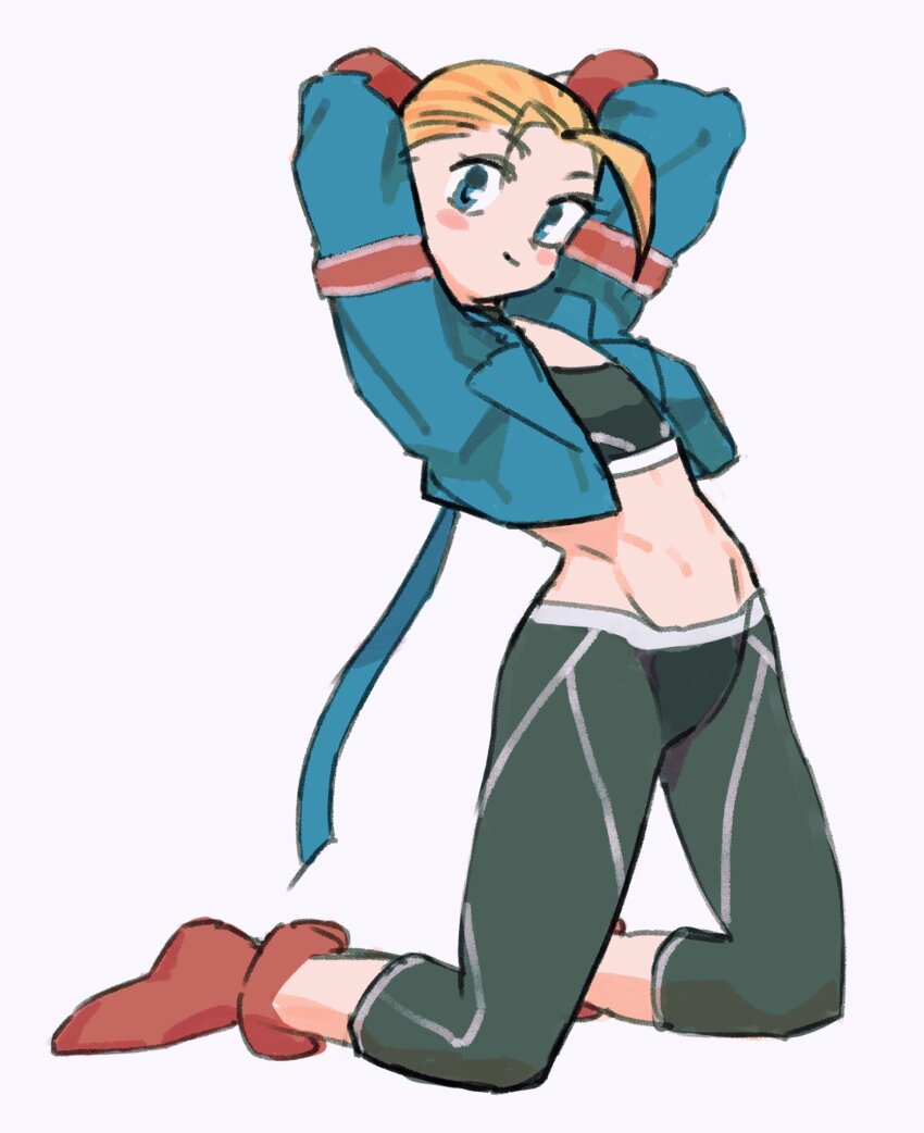 1girl arms_behind_head arms_up black_choker black_sports_bra blonde_hair blue_eyes blue_jacket blush_stickers boots cammy_white choker closed_mouth cropped_jacket full_body gan2 groin highres jacket kneeling long_sleeves open_clothes open_jacket pants red_boots short_hair simple_background smile solo sports_bra street_fighter street_fighter_6 white_background yoga_pants