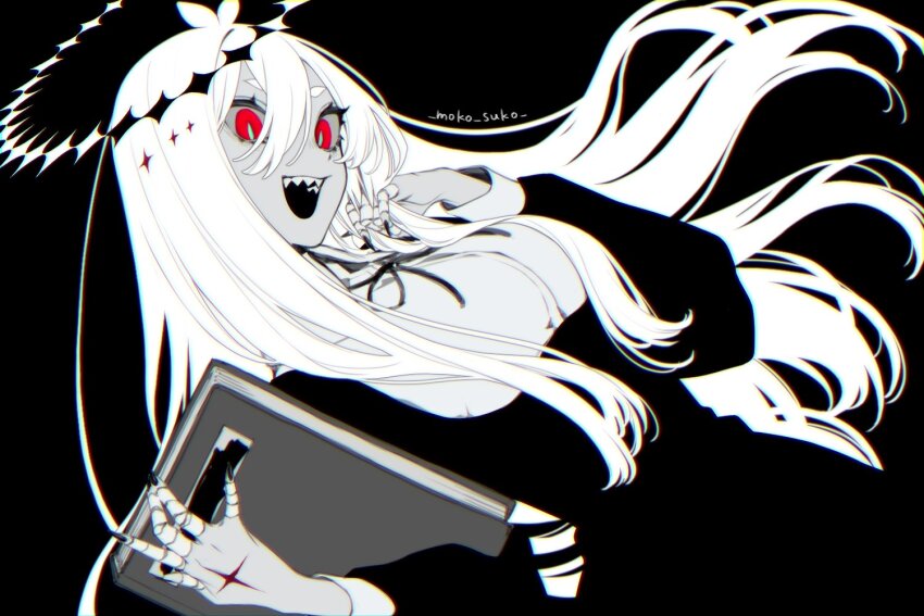 1girl antenna_hair bags_under_eyes bandaged_fingers bandages book censored censored_text chromatic_aberration commentary_request cowboy_shot dress dutch_angle floating_hair gekiyaku green_pupils greyscale hair_between_eyes halo hand_in_own_hair hands_up head_tilt holding holding_book inverted_colors long_hair long_sleeves looking_at_viewer moko_suko monochrome neck_ribbon red_eyes ribbon sharp_teeth shirt short_eyebrows sleeve_cuffs slit_pupils smile solo spot_color stigmata teeth thick_eyebrows twitter_username underbust utau