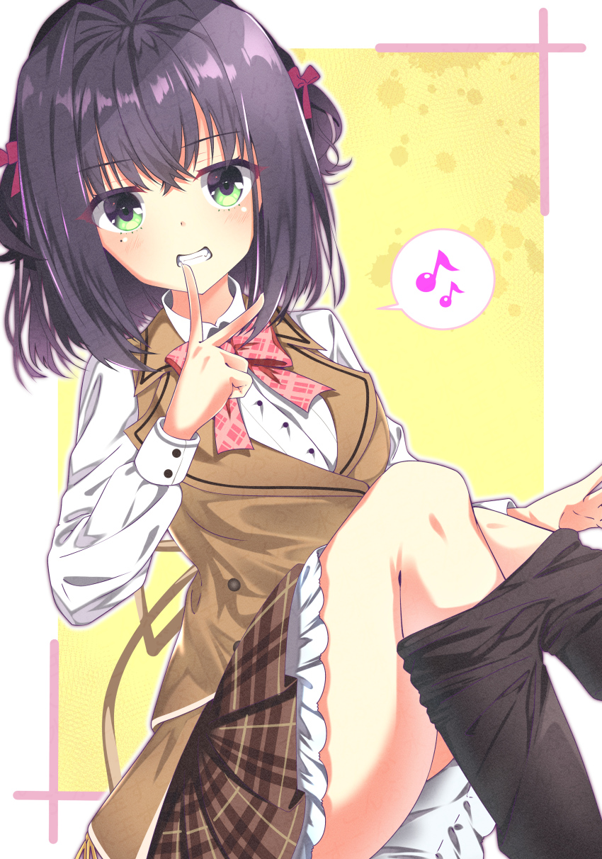 1girl absurdres black_hair black_pantyhose blush border bow bowtie brown_skirt brown_vest clothes_pull collared_shirt commentary_request crossed_bangs dutch_angle eyes_visible_through_hair fang feet_out_of_frame frilled_skirt frills green_eyes grin hair_between_eyes hair_bow hair_intakes hand_up highres knees_up limelight_lemonade_jam long_sleeves looking_at_viewer medium_hair miniskirt mole mole_under_eye musical_note nabari_anju outline outside_border pantyhose pantyhose_pull plaid_bow plaid_bowtie plaid_clothes plaid_skirt pleated_skirt pulling_own_clothes red_bow red_bowtie shirt simple_background sitting skirt smile solo speech_bubble spoken_musical_note sukonbu385 thighs two_side_up v vest watermark white_border white_outline white_shirt yellow_background