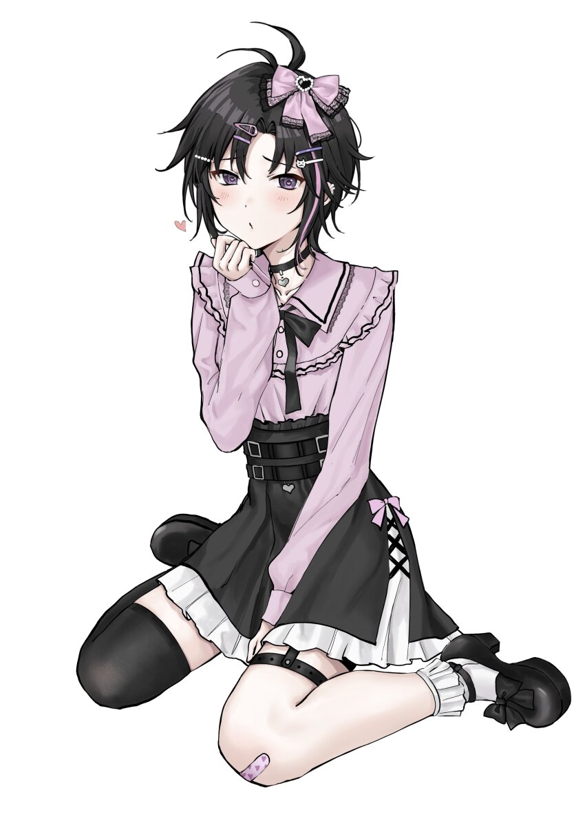 1girl absurdres aburi-gatana antenna_hair bandaid bandaid_on_knee bandaid_on_leg black_choker black_hair black_shoes black_skirt black_thighhighs blush bow cat_hair_ornament choker full_body hair_bow hair_ornament hairclip hand_up heart heart-shaped_pupils heart_choker high-waist_skirt highres idolmaster idolmaster_(classic) jirai_kei kikuchi_makoto long_sleeves looking_at_viewer multicolored_hair pink_bow pink_shirt pink_streaks purple_eyes shirt shoes short_hair simple_background single_thighhigh sitting skirt socks solo streaked_hair symbol-shaped_pupils thighhighs wariza white_background white_socks