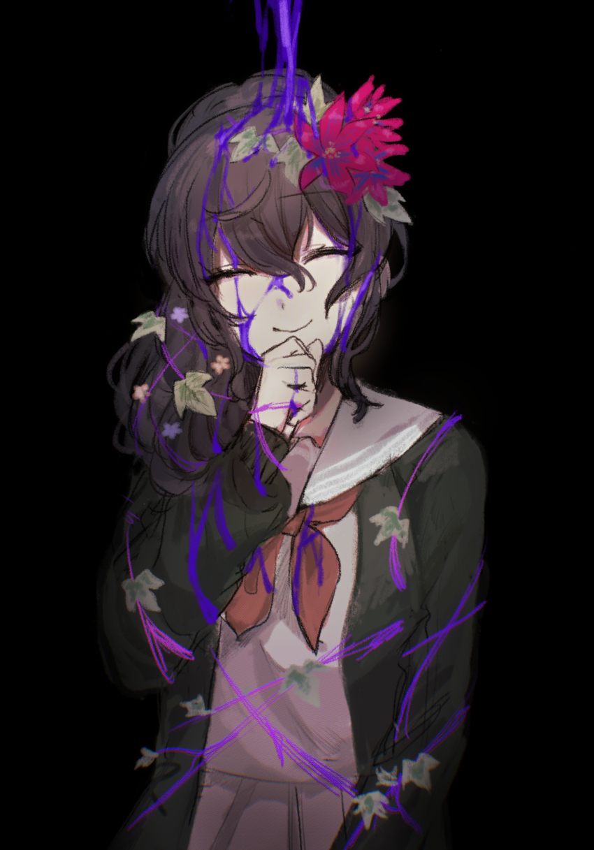 1girl ^_^ anko_(user_uaaw2357) arm_at_side asahina_mafuyu black_background black_hair black_jacket blood blood_in_hair blood_on_clothes blood_on_face breasts closed_eyes closed_mouth commentary_request double-parted_bangs facing_viewer film_grain flower grey_sailor_collar grey_serafuku grey_shirt grey_skirt hair_between_eyes hair_flower hair_ornament hand_on_own_chin hand_up head_tilt high_ponytail highres jacket large_breasts leaf long_hair long_sleeves miyamasuzaka_girls&#039;_academy_school_uniform neckerchief open_clothes open_jacket pink_flower ponytail project_sekai puffy_long_sleeves puffy_sleeves purple_blood red_neckerchief sailor_collar school_uniform serafuku shirt simple_background skirt smile solo upper_body