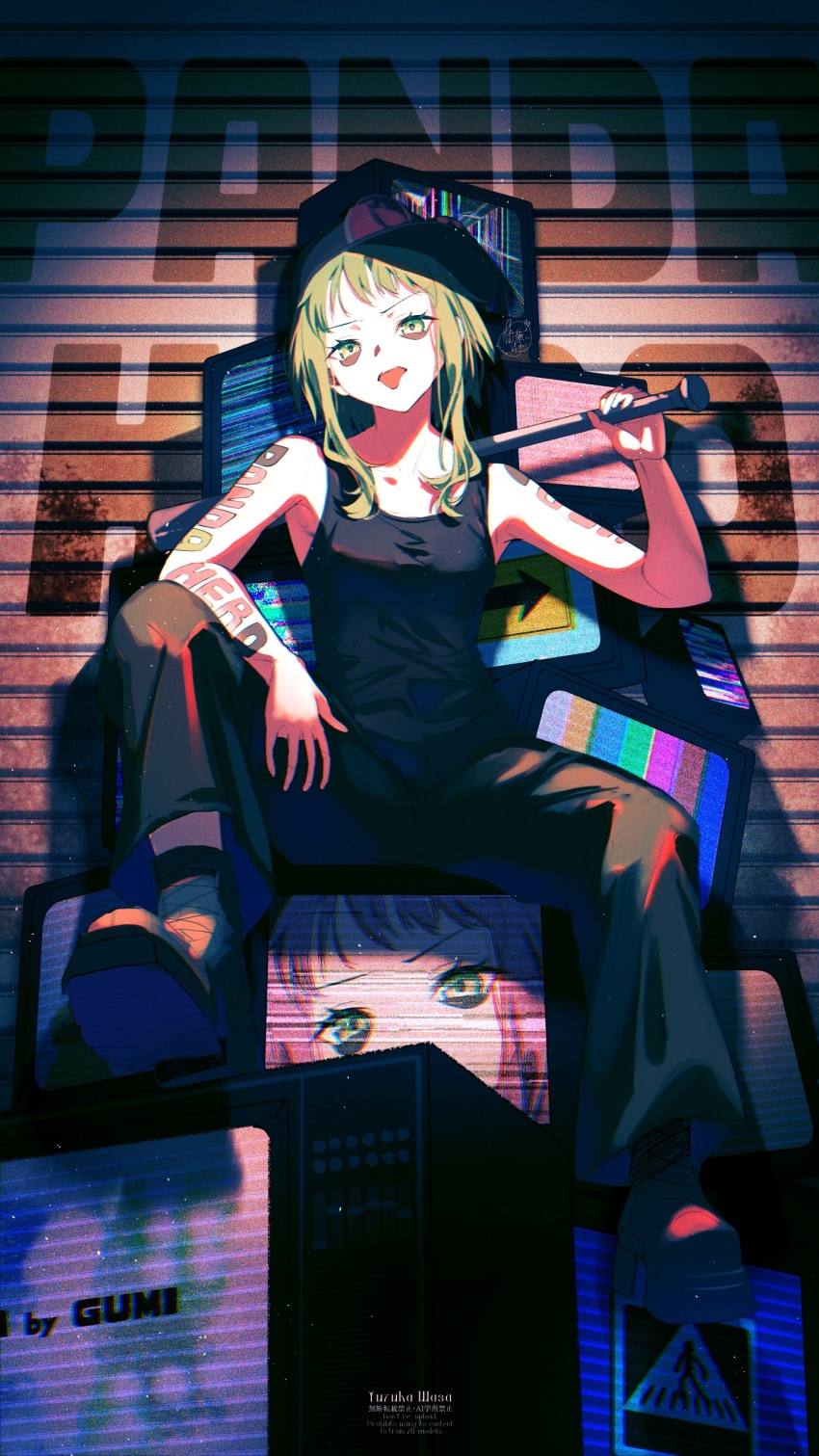 1girl absurdres arm_tattoo baseball_bat black_boots black_pants black_tank_top boots goggles goggles_on_headwear green_eyes green_hair gumi highres holding holding_baseball_bat looking_at_viewer mark_under_both_eyes on_television panda_hero_(vocaloid) pants platform_boots platform_footwear shirt short_hair short_hair_with_long_locks sitting solo song_name spotlight tank_top tattoo television tongue tongue_out vocaloid yuzuha_wasa